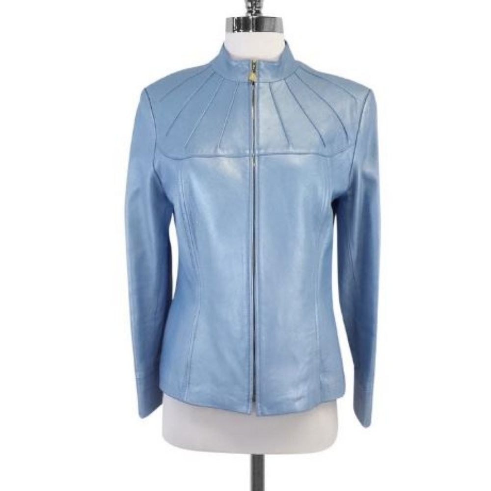 St. John Sport Blue Leather Zip Front Jacket - Picture 1 of 5